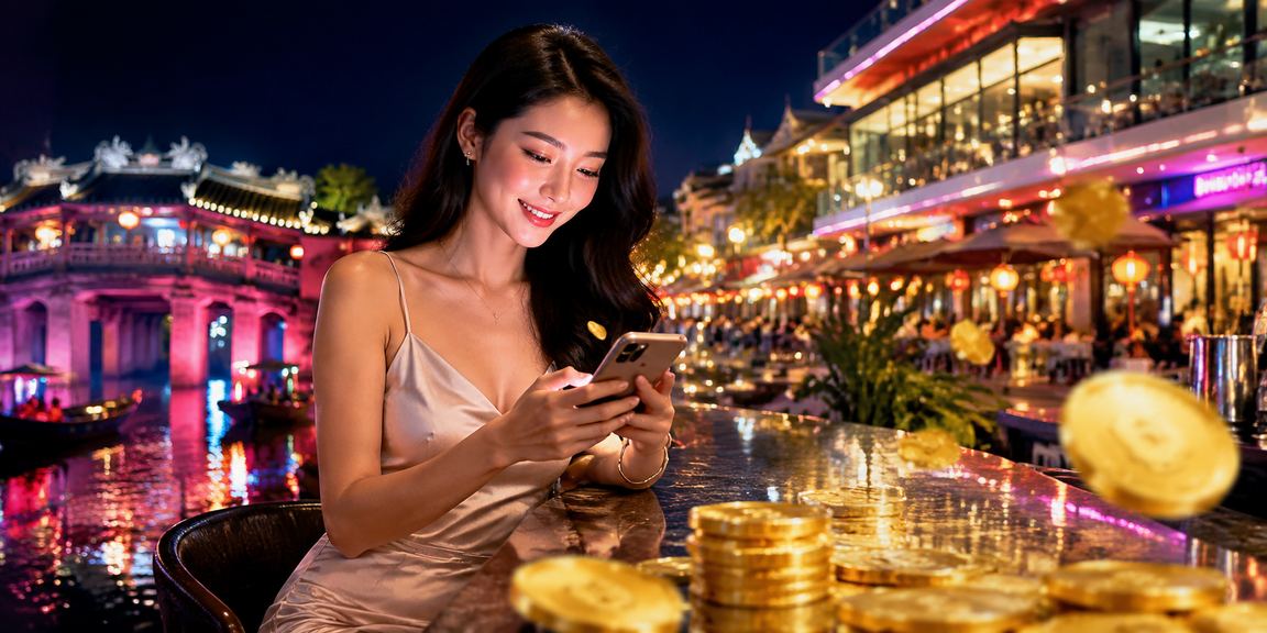 Người dùng Hội An trải nghiệm Slot game tại khu phố đêm với bảo mật cao